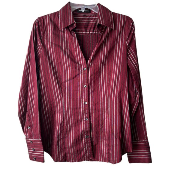 Express Design Studio Button Down Red Striped Cotton Blend V-Neck Shirt Sz M - Picture 1 of 8